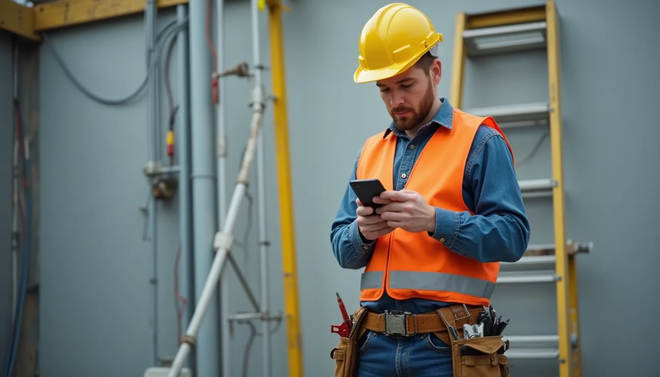 Worker in hard hat and hi-vis vest clocking in from a phone on site with GeoTapp TimeTracker